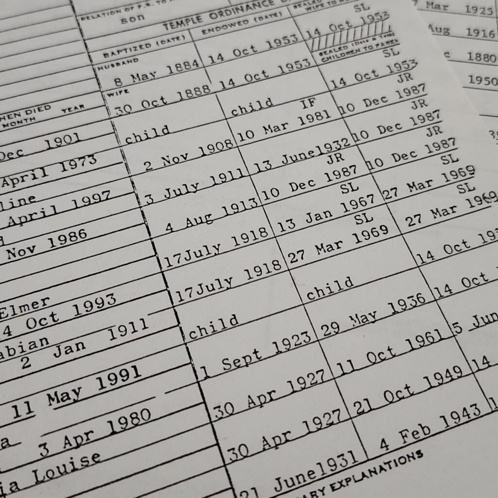 Paper with typed genealogical records and dates.