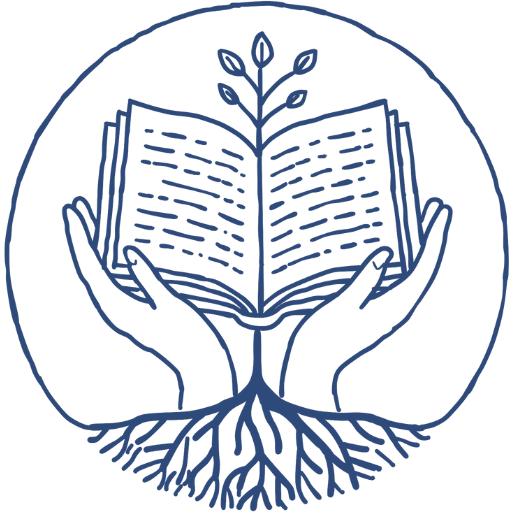 Stenciled image in blue of hands holding a book with sapling and roots growing out of it.
