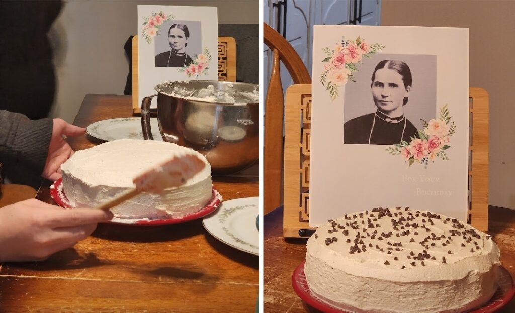 Collage of pictures depicting a birthday cake for ancestors and a picture of an ancestor. An example of hands-on family history.