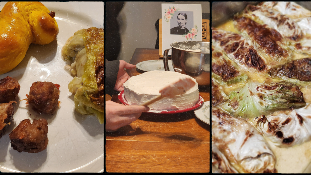 Family history collage of three pictures, one of a meal on a white plate,  the  middle one of cake being frosted,  the last of a heritage dish.